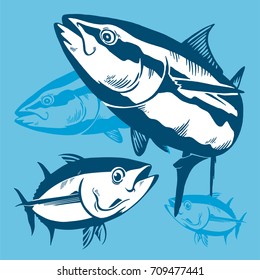 Tuna fish symbol composition on blue background,Vector. Sport fishing club, restaurant, canned, food logo, wallpaper, background...