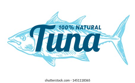 Tuna fish symbol on white background, Vector. Sport fishing club, restaurant, canned, food logo. Thunnus thynnus