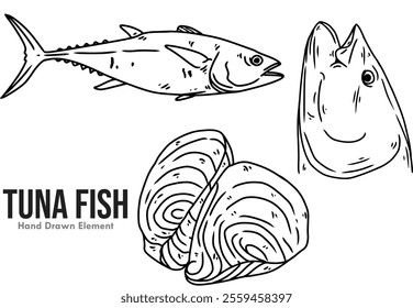 Tuna fish vector black ink hand drawn sketch on white background, pieces of fish flesh, whole fish, and fish Head