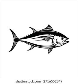 Vetor de atum preto e branco para pesca esportiva ou frutos do mar. Animal que habita o oceano, nadador rápido isolado no branco. Captura da vida marinha do dia.