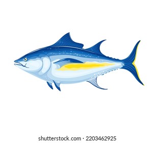 Tuna Fish Vector Illustration. Cartoon Isolated Yellowfin Tuna With Blue And Yellow Fins And Tail, Sea Or Ocean Underwater Wild Animal, Seafood Product And Fresh Catch Of Fishery For Food Industry