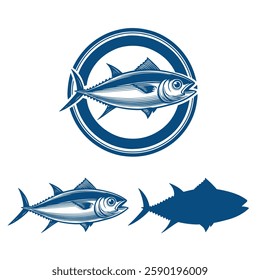 Tuna fish vector logo icon outline illustration. Salmon tuna fish line icon seafood logo. Vector tuna packaging or label design. Modern style seafood label. Tuna fish illustration