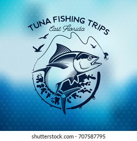 Tuna Fishing emblem on blur background. Vector illustration.