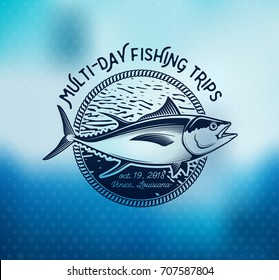 Tuna Fishing emblem on blur background. Vector illustration.