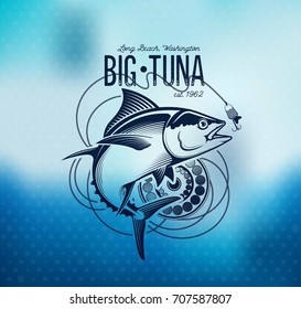 Tuna Fishing emblem on blur background. Vector illustration.