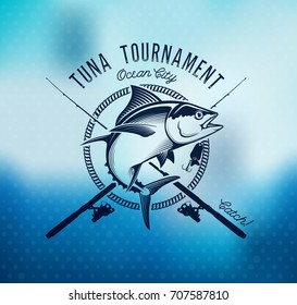 Tuna Fishing emblem on blur background. Vector illustration.