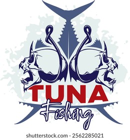 Tuna Fishing Illustration with two futuristic skulls with fishing hooks stuck in them, tuna tail and tuna ornaments with sea backgound effect.