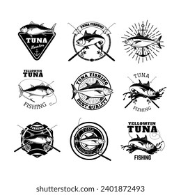 Tuna fishing labels isolated on white background. Design elements for logo, emblem, sign, badge. 