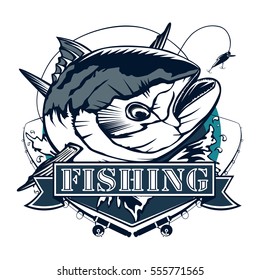 Tuna fishing logo isolated on white. Blue and white vector illustration.