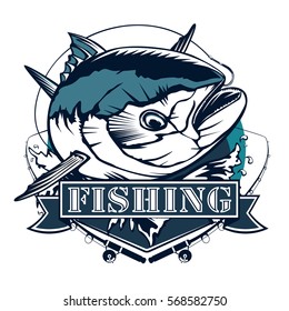 Tuna Fishing Logo Isolated On White. Blue And White Vector Illustration. Emblem For Sport Club.