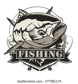 Tuna fishing logo isolated on white. Blue and white vector illustration. Emblem for sport club.