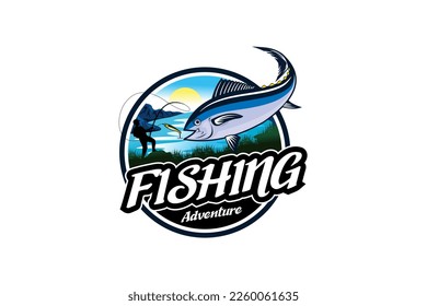 Tuna fishing logo sticker design with sea view background