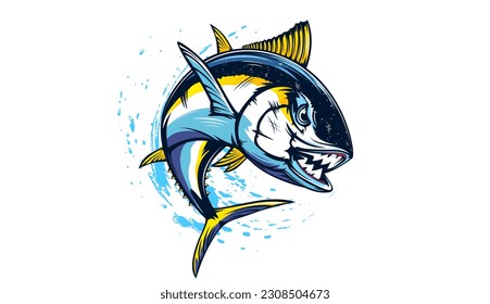 Tuna fishing logo vector  illustration. Tuna fishing emblem isolated. Ocean fish logo. Saltwater fishing theme.