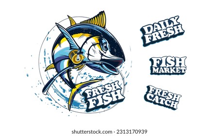 Tuna fishing logo vector  illustration. Tuna fishing emblem isolated. Ocean fish logo. Saltwater fishing theme.
