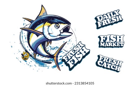Tuna fishing logo vector  illustration. Tuna fishing emblem isolated. Ocean fish logo. Saltwater fishing theme.