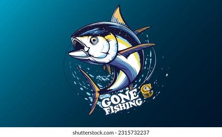 Tuna fishing logo vector  illustration. Tuna fishing emblem isolated. Ocean fish logo. Saltwater fishing theme.