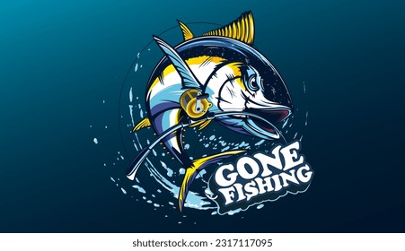 Tuna fishing logo vector  illustration. Tuna fishing emblem isolated. Ocean fish logo. Saltwater fishing theme.