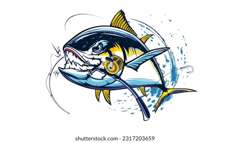 Tuna fishing logo vector  illustration. Tuna fishing emblem isolated. Ocean fish logo. Saltwater fishing theme.