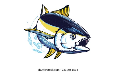 Tuna fishing logo vector  illustration. Tuna fishing emblem isolated. Ocean fish logo. Saltwater fishing theme.