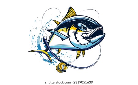 Tuna fishing logo vector  illustration. Tuna fishing emblem isolated. Ocean fish logo. Saltwater fishing theme.