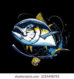 Tuna fishing logo vector  illustration. Tuna fishing emblem isolated. Ocean fish logo. Saltwater fishing theme.