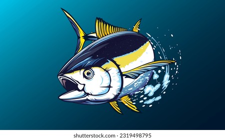 Tuna fishing logo vector  illustration. Tuna fishing emblem isolated. Ocean fish logo. Saltwater fishing theme.