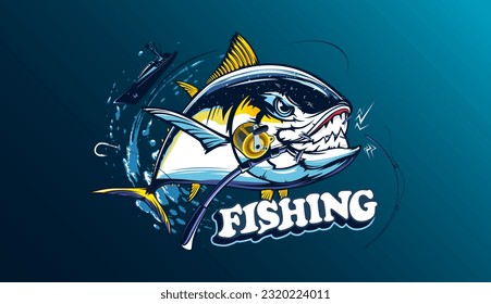 Tuna fishing logo vector  illustration. Tuna fishing emblem isolated. Ocean fish logo. Saltwater fishing theme.