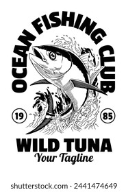 Ilustración de diseño de camiseta de pesca de atún en estilo retro vintage