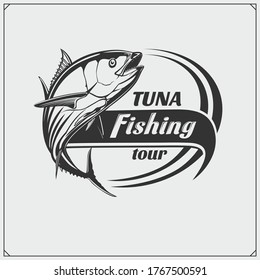 Tuna fishing vector emblem. Monochrome design.