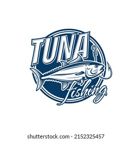 Tuna fishing vector icon of Atlantic bluefin, yellowfin, skipjack or albacore tuna fish with fishing sport hook. Isolated round symbol design with saltwater fish and fisherman or angler tackle