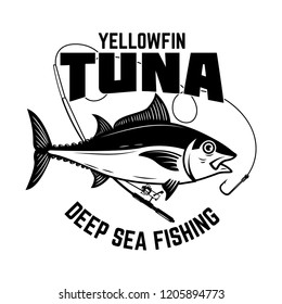 Tuna fishing. Yellowfin tuna and fishing rod. Design element for logo, label, emblem, sign, poster, card. Vector illustration