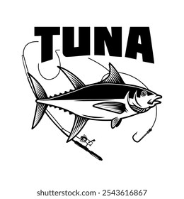 Tuna fishing. Yellowfin tuna and fishing rod. Design element for logo, label, emblem, sign, poster, card. Vector illustration