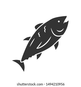 Tuna glyph icon. Swimming marine fish. Underwater inhabitant. Mackerel fishing. Seafood restaurant. Floating animal. Undersea world. Silhouette symbol. Negative space. Vector isolated illustration