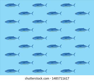 Tuna group pattern vector illustration,  Fabric textile shower sea print. Seafood fishing sail navigation background