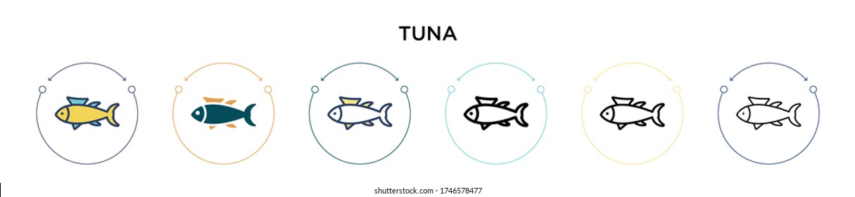 Tuna icon in filled, thin line, outline and stroke style. Vector illustration of two colored and black tuna vector icons designs can be used for mobile, ui, web