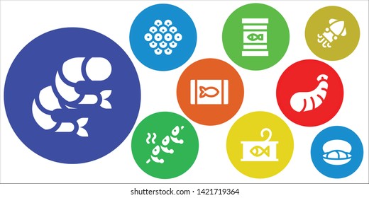 tuna icon set. 9 filled tuna icons.  Collection Of - Shrimp, Caviar, Canned food, Squid, Mussel