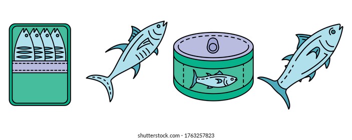 Tuna icon set. Outline set of tuna vector icons thin line color flat isolated on white