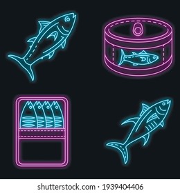 Tuna icon set. Outline set of tuna vector icons neon color on black