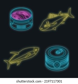 Tuna icons set. Isometric set of tuna vector icons neon color on black