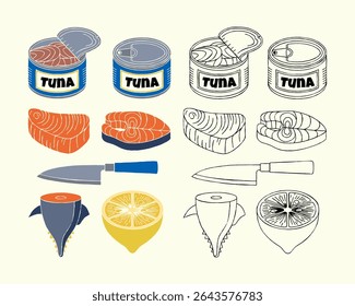 Tuna illustration set including canned tuna, raw fillets, knives, lemon slices, and fish bodies in color and outline versions.