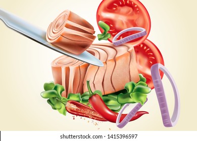 Tuna with ingredients of herbs isolated on color background. Realistic vector in 3d illustration.