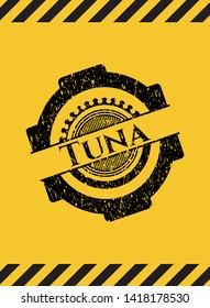 Tuna inside warning sign, black grunge emblem. Vector Illustration. Detailed.