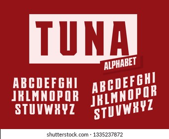 Tuna letters set. Stretched and tall with trendy angular serifs style vector latin alphabet. Fonts for events, promotions, logos, banner, monogram and poster. Typography design.