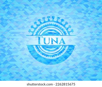 Tuna light blue emblem with triangle mosaic background. 