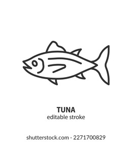 Icono de línea de atún. Símbolo de contorno del vector del pescado. Ilustración lineal del marisco. Trazo editable.