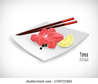 Tuna meat cubes, tuna fish steak in flat style, lemon slice, black peppercorns, wooden food chopsticks on white plate. Organic raw eco fish food. Lettering Tuna Design. Vector hand drawn elements.