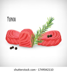 Tuna meat cubes in flat style, rosemary twig, black peppercorns. Organic eco fish product. Lettering Tuna. Hand drawn elements for culinary designs. Vector illustration on white background.