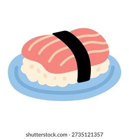 Tuna Nigiri Sushi Flat Vector Illustration with Seaweed Band on Blue Plate. Japanese sushi, japanese food snack