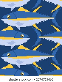 Tuna pixel art pattern seamless. pixelated tunny Seafood fish background. 8 bit vector texture