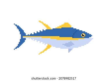 Tuna pixel art. pixelated tunny Seafood fish. 8 bit vector illustration